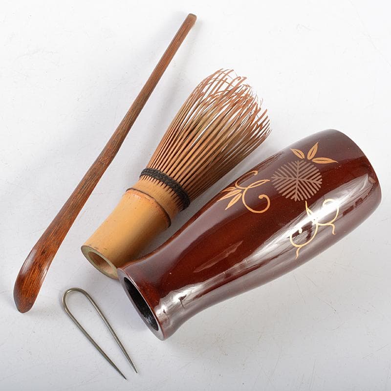 茶道具　漆塗　茶箱　茶筅筒　茶碗など　六点　一式　仕覆付　M　R5941