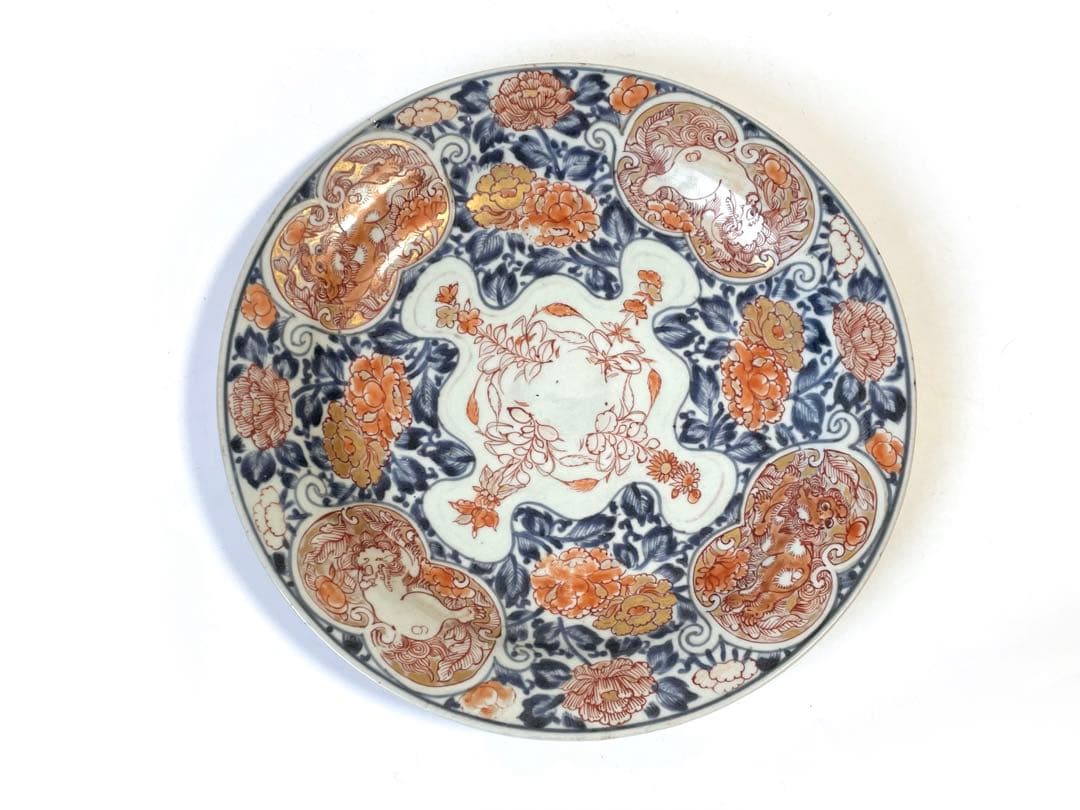 骨董 アンティーク 古伊万里 色絵 金襴手 輸出伊万里 獅子牡丹 皿 丸皿