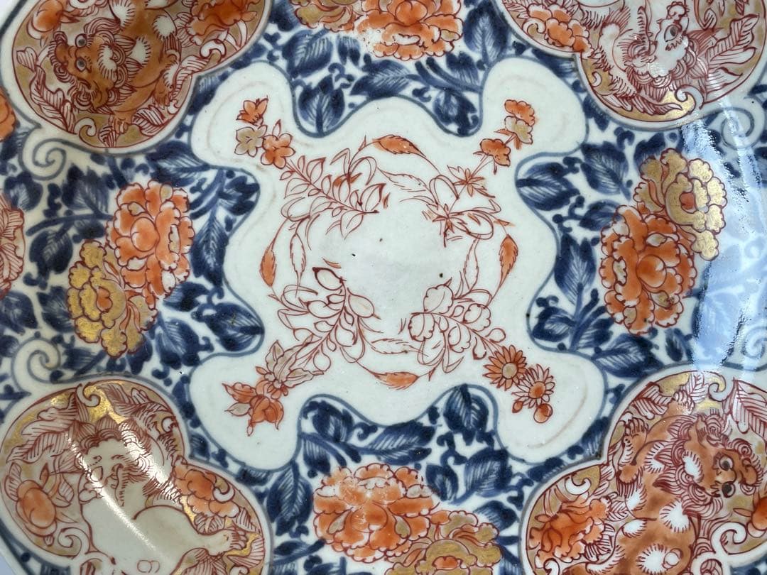 骨董　アンティーク　古伊万里　色絵　金襴手　輸出伊万里　獅子牡丹　皿　丸皿