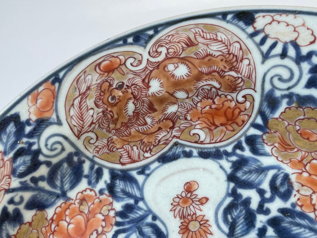 骨董 アンティーク 古伊万里 色絵 金襴手 輸出伊万里 獅子牡丹 皿 丸皿