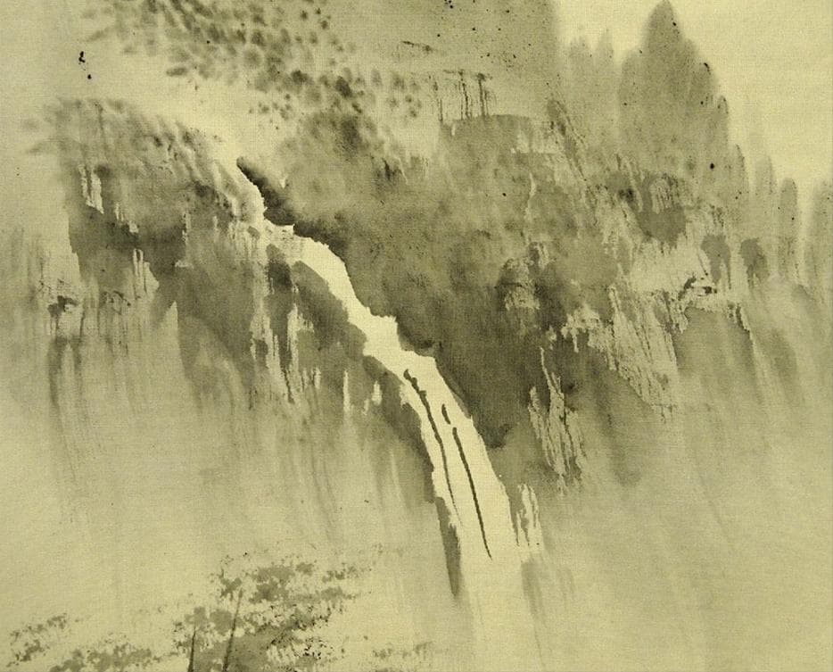 掛軸 翆雪『水墨山水』横書き 絹本 肉筆 共箱 掛け軸 g060220