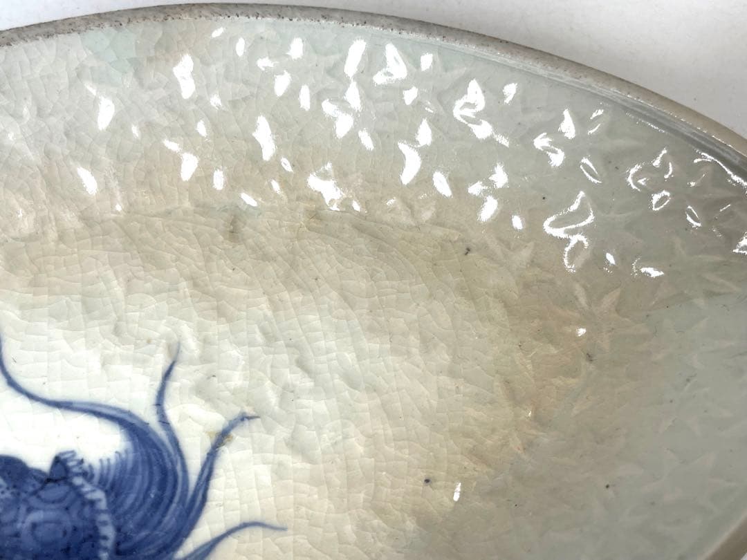 骨董 アンティーク 古伊万里 藍九谷 変形皿 染付 印刻 波に亀 向付