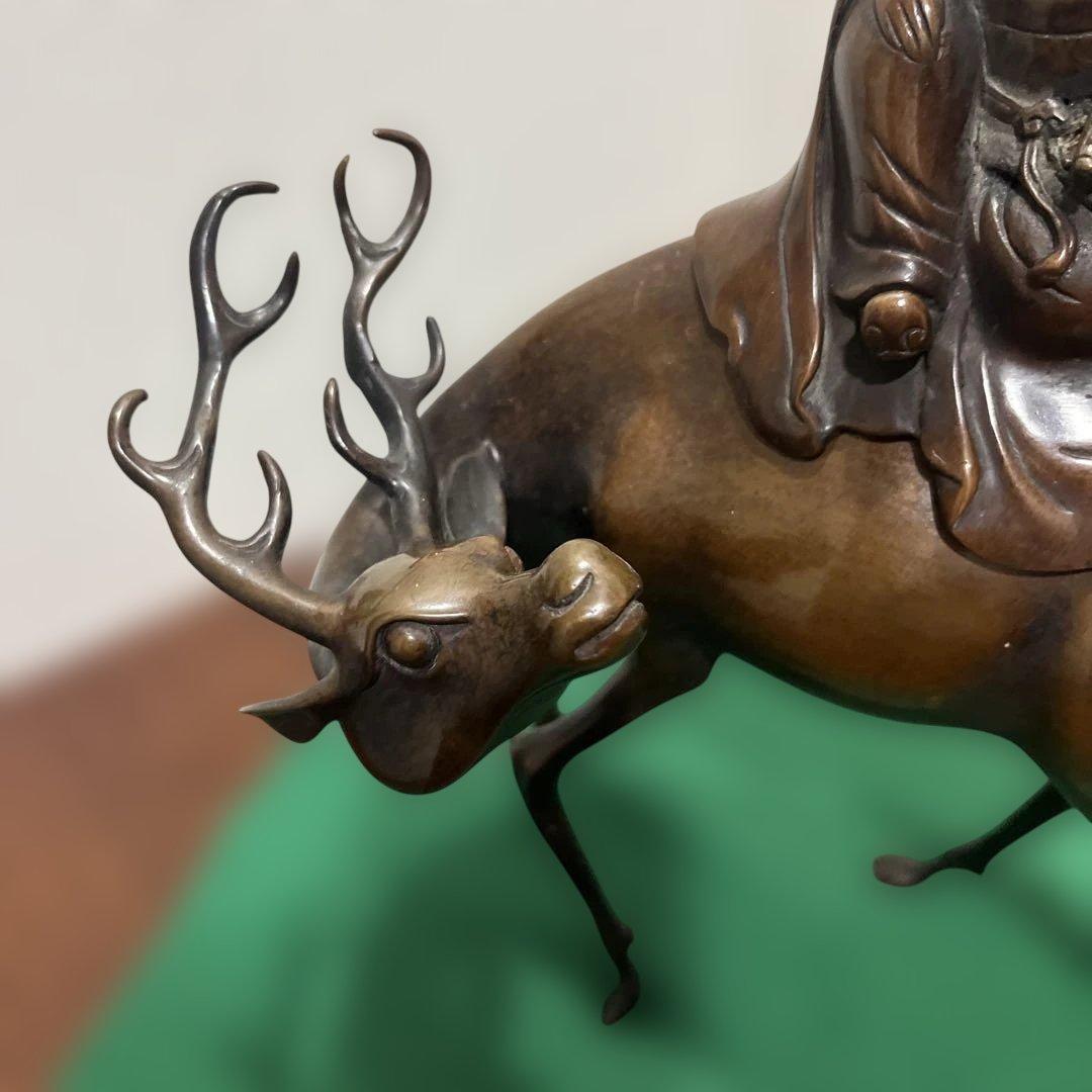 青銅製 鹿に乗る福禄寿　宝珠香炉