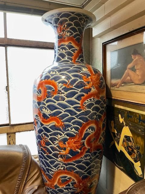 青海波模様 赤い龍 陶磁器 花瓶