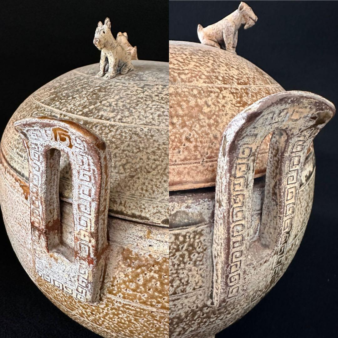 中国美術 灰陶緑釉 三足蓋付三獣摘 鼎 直径35cm