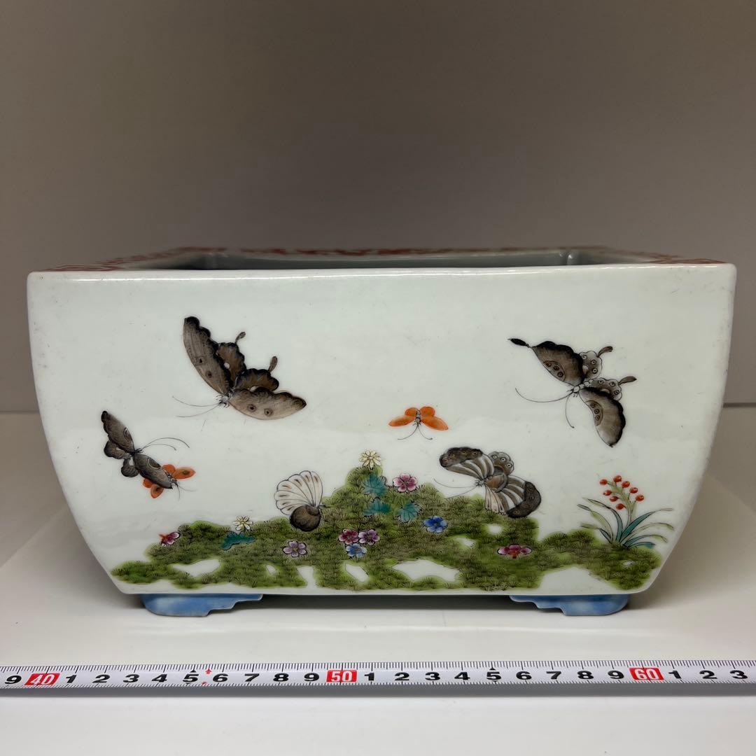 中国清時代 大清咸豊年製 粉彩花蝶図鉢 幅約24