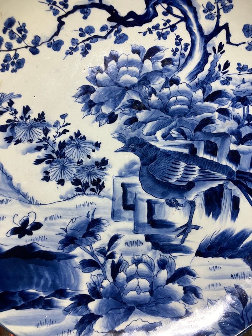 旧家蔵出し品 古伊万里 古い大皿 梅に牡丹花 雉 梶忠製 縁起物 飾り皿