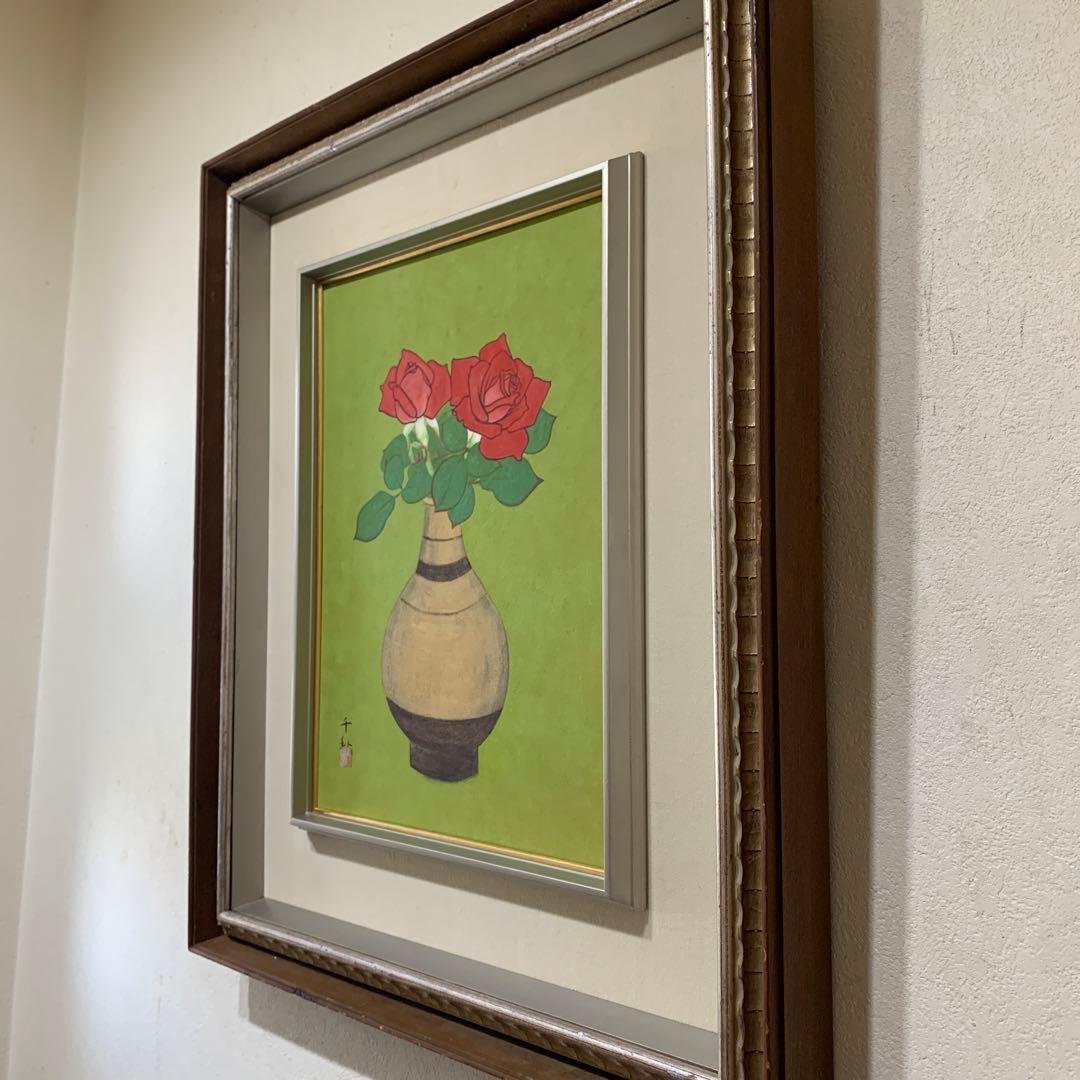 絵画　額装　日本画　真作　女流作家　下川千秋『ばら』8号