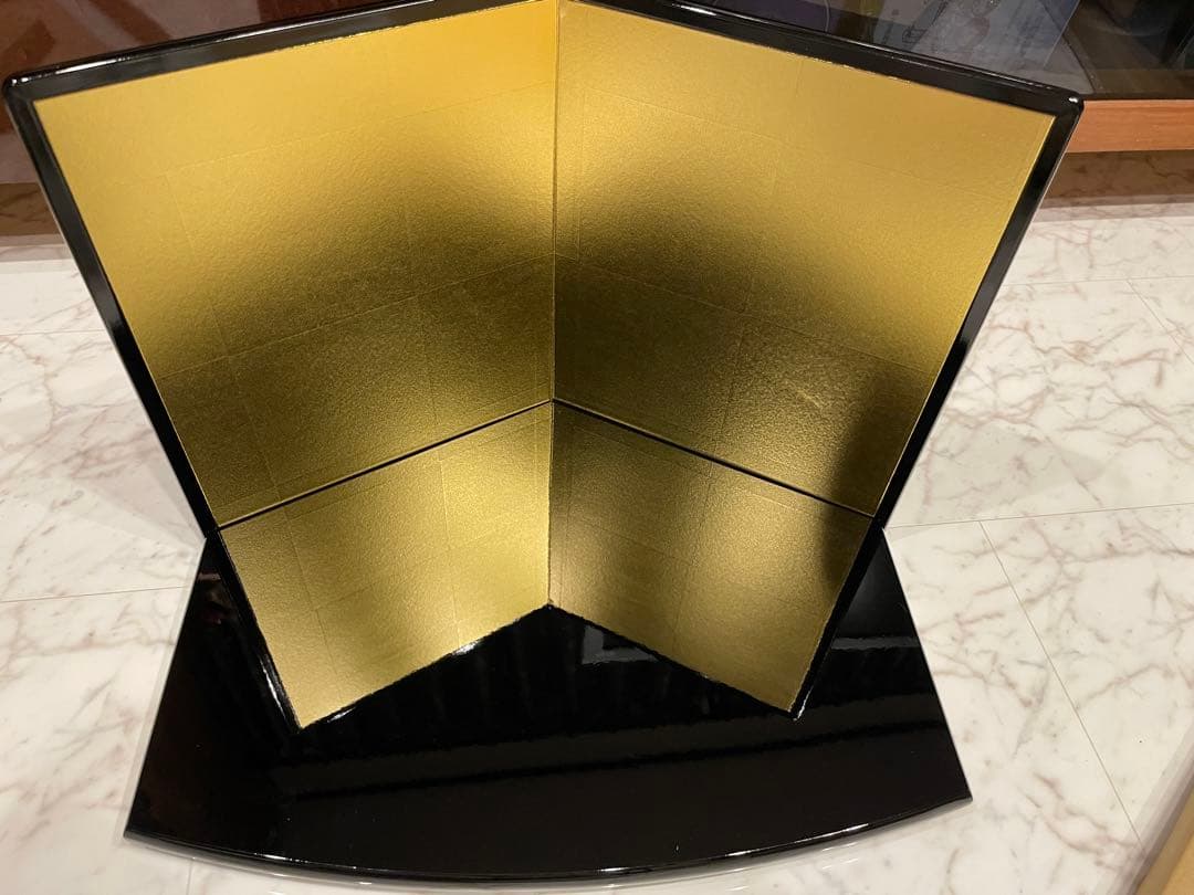 ◉セール！新品　お雛様　端午の節句　黒塗り五角台　黒塗二曲金屏風セット