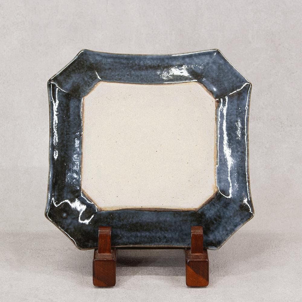 河井透 飾り皿「藍七宝紋角皿」22.5cm 共箱（河井武一の長男）河井寛次郎系統