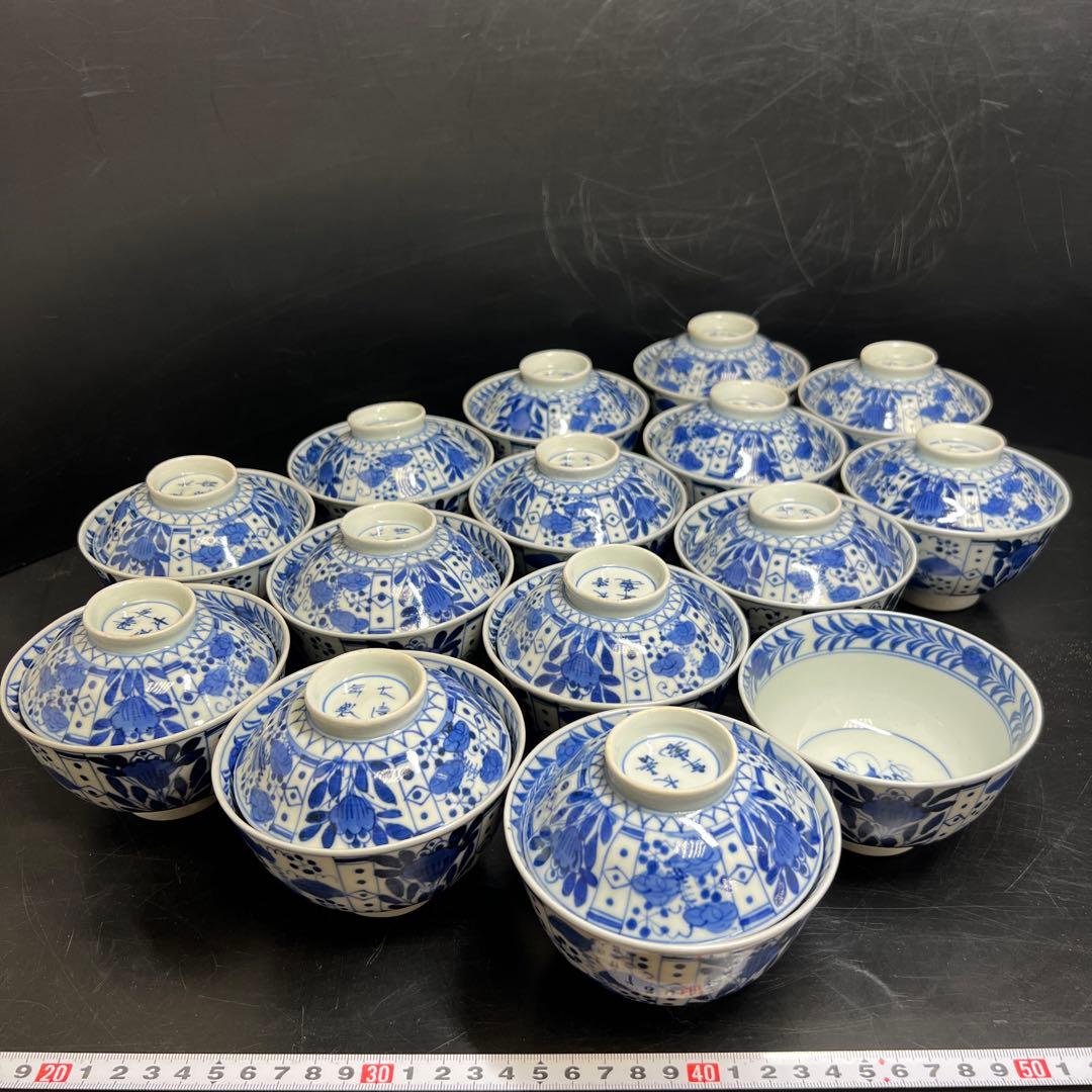 江戸中期　古伊万里染付芙蓉手蓋茶碗　14客と身1点　木箱　東Y8-0116☆2F