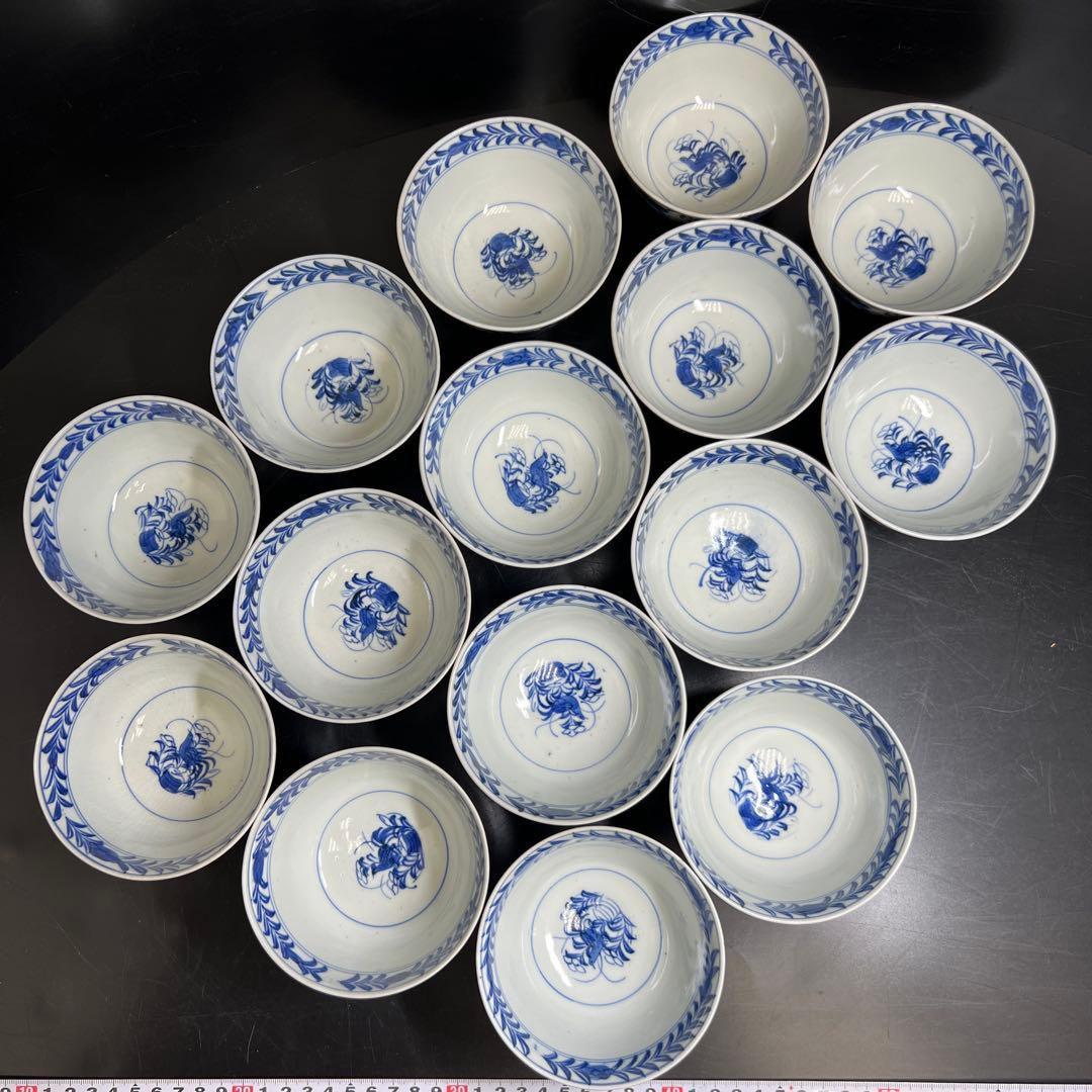 江戸中期　古伊万里染付芙蓉手蓋茶碗　14客と身1点　木箱　東Y8-0116☆2F