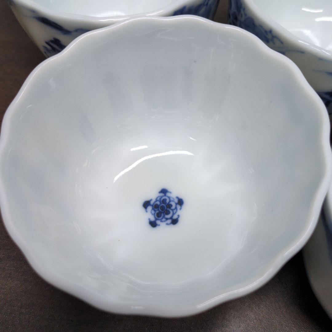 古伊万里 染付 山水花唐草文 輪花口 向付 五客 玄