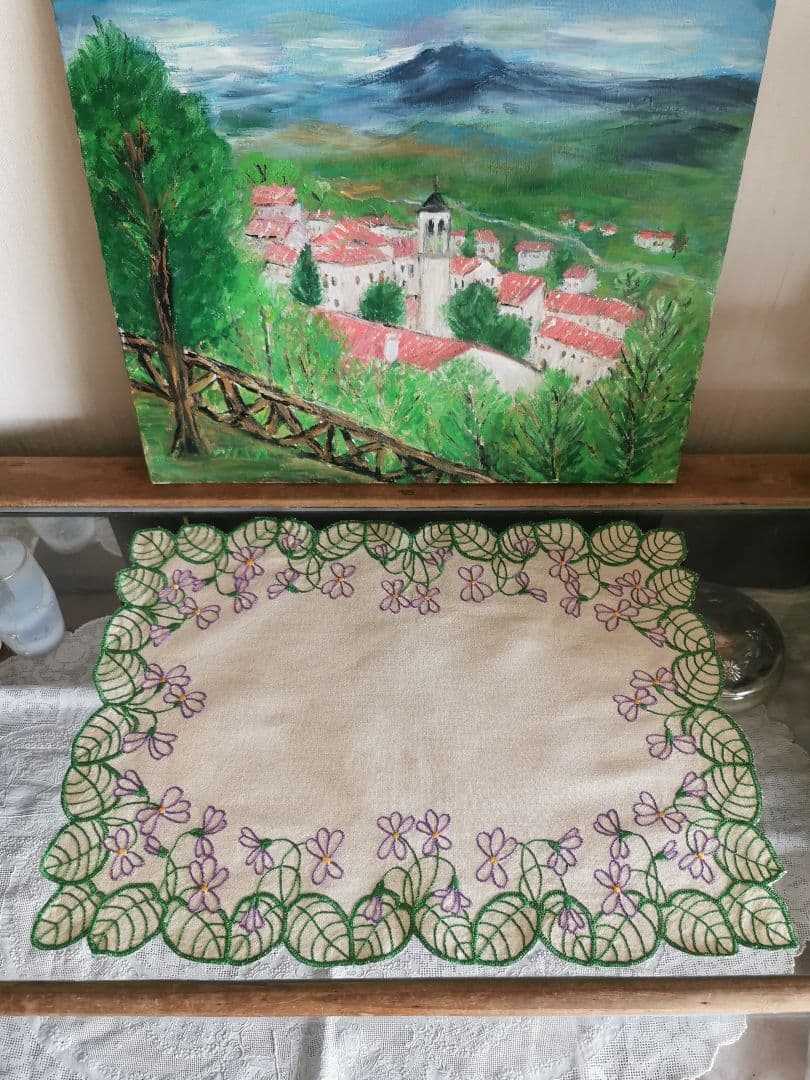 アンティーク/ヴィンテージ フランス 菫の葉と花のカットワーク刺繍