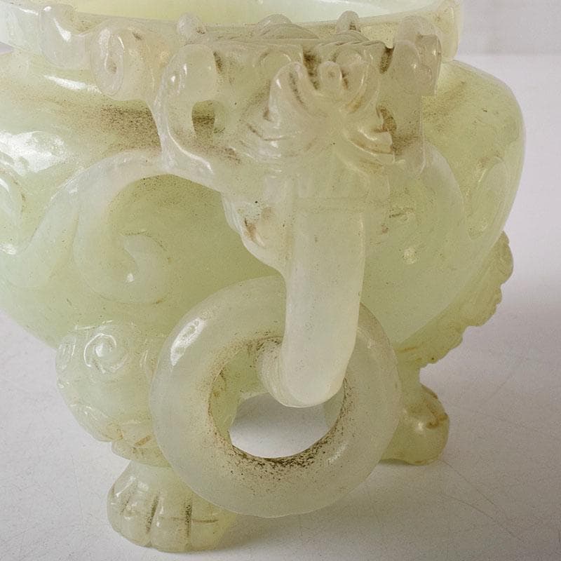 中国 玉石彫刻 雙耳活環 獅子鈕蓋爐 三足香炉 唐木台付 C 8256 - メルカリ
