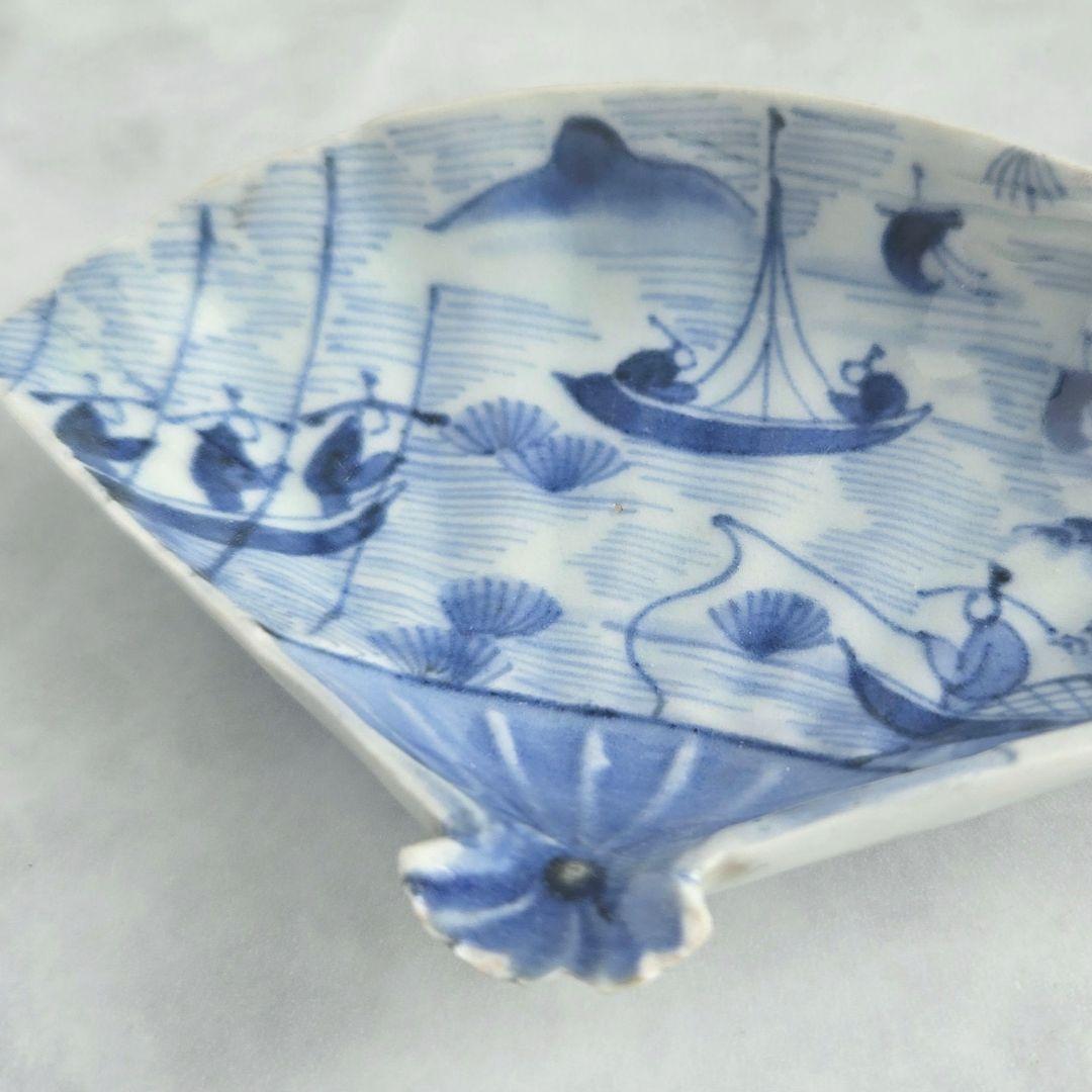 古伊万里 染付 豆皿 釣り 漁 唐人 江戸 骨董 アンティーク 金直し 金継ぎ
