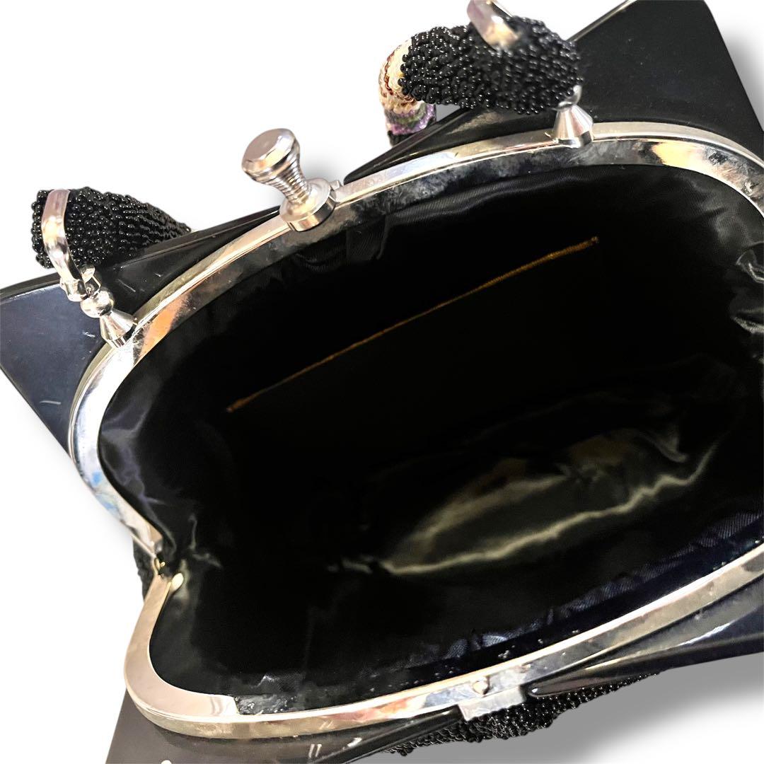 昭和レトロ　ヴィンテージ総ビーズバッグ　 花柄ハンドバッグ 黒がま口