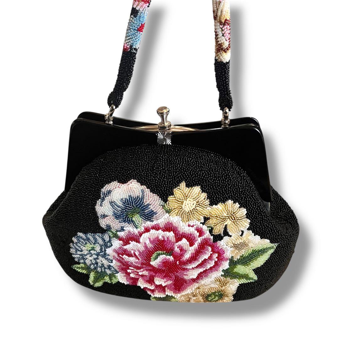 昭和レトロ　ヴィンテージ総ビーズバッグ　 花柄ハンドバッグ 黒がま口