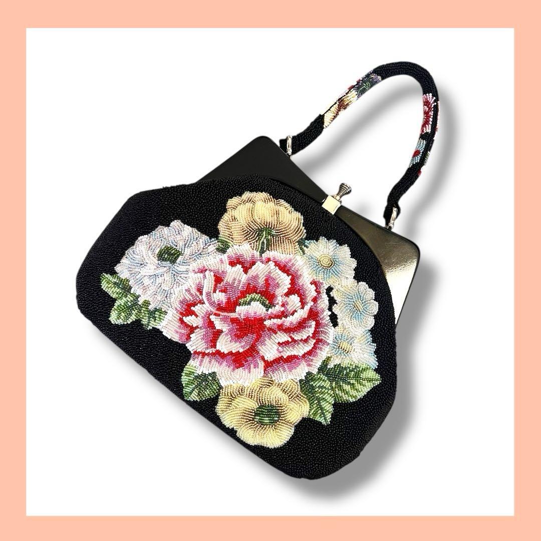 昭和レトロ　ヴィンテージ総ビーズバッグ　 花柄ハンドバッグ 黒がま口