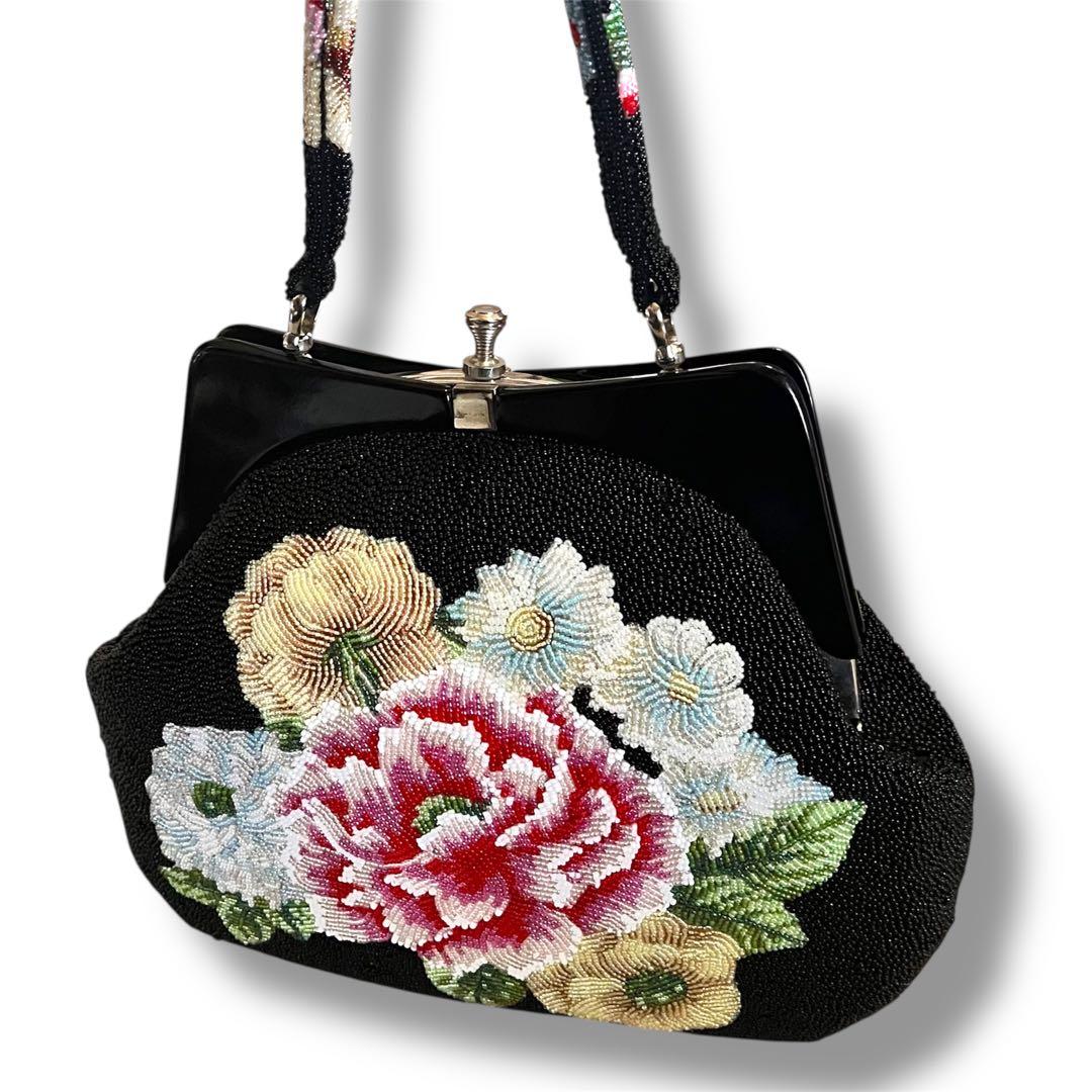 昭和レトロ　ヴィンテージ総ビーズバッグ　 花柄ハンドバッグ 黒がま口