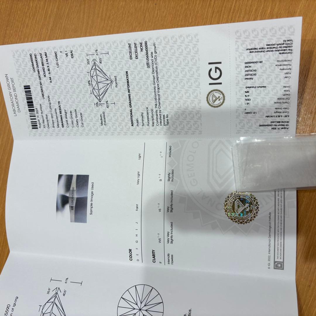 ♪ラボグロウンダイヤモンド　1.01ct Fカラー　VS1 IGI鑑定書