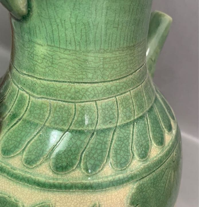 中国 緑釉魚絵水注　u6221009