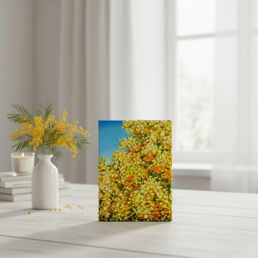 油絵 油彩 油彩画 絵 絵画 【青い空とミモザ】