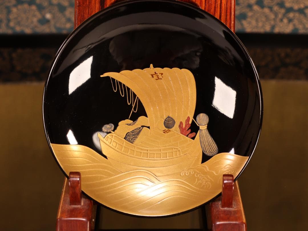 BK407　時代輪島塗　宝船図金蒔絵　波千鳥　吸物椀　二客　木製　茶道具 懐石