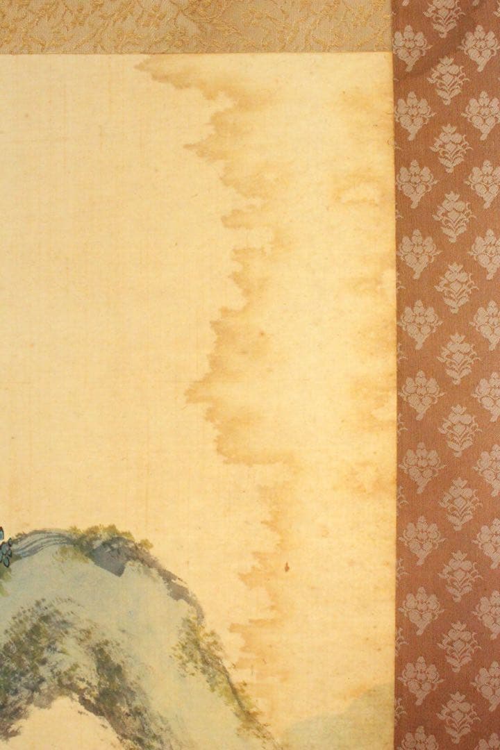 No5217 掛軸 雲外山人 在銘 青緑山水人物画 山水 着色絹本 送料無料