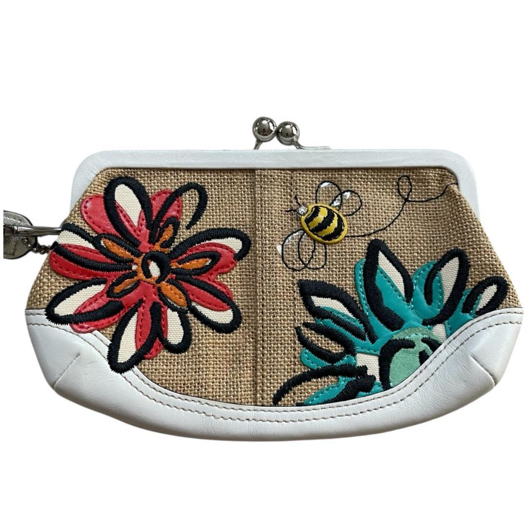 コーチ　がま口 花刺繍 蜂 キャンバス レザー ポーチ