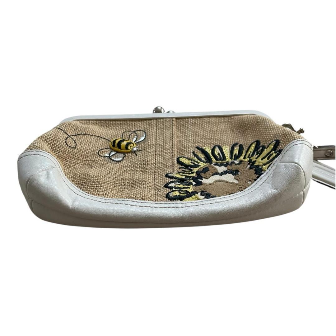 コーチ　がま口 花刺繍 蜂 キャンバス レザー ポーチ