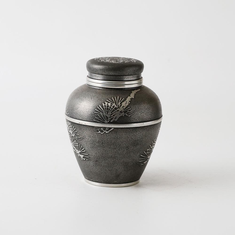T 上錫 錫半 茶入 茶壺 茶入壺 四君子文 金属工芸 441g