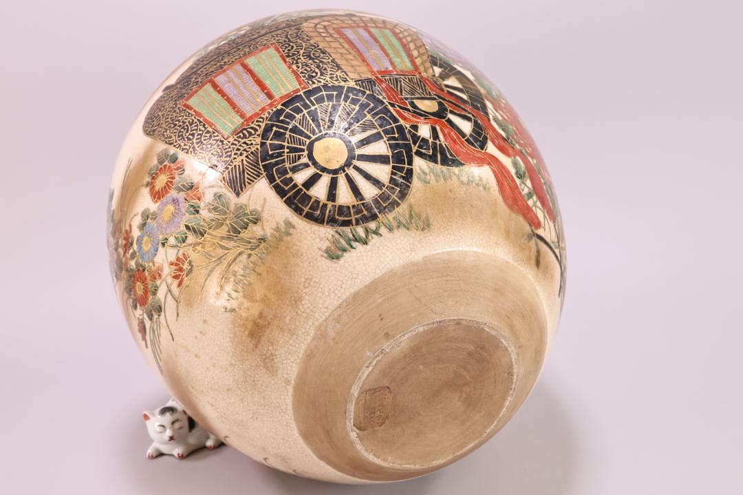 仁清 写 色絵 金雲菊花御所車図 四耳壺 茶壺 花瓶 壷 花器 BK49