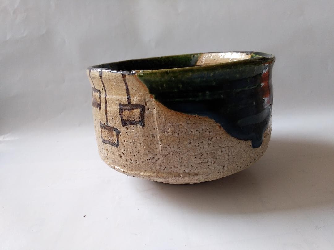 山口錠鉄 織部 茶碗 織部焼 瀬戸赤津焼 共箱 茶道具 茶器 抹茶碗 美品 です