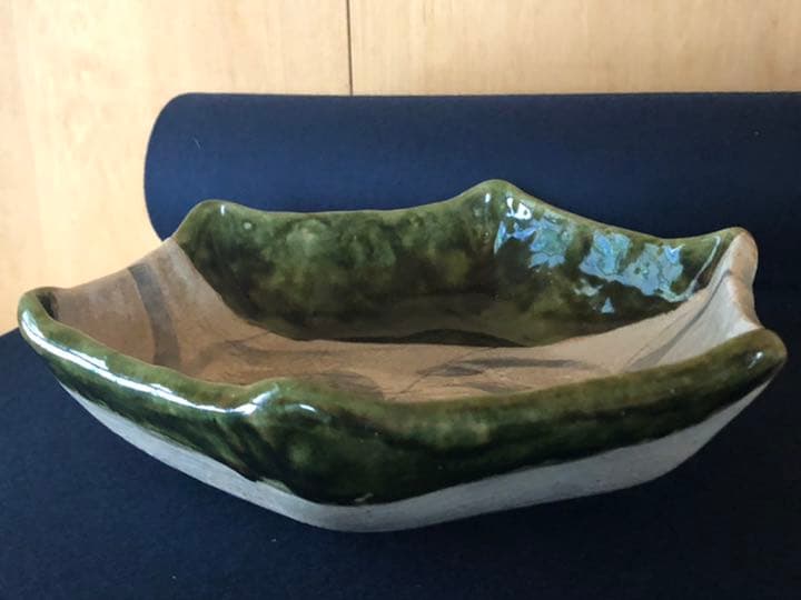 霞仙窯　織部　瀬戸赤津焼　六角大鉢　盛り鉢　貫入