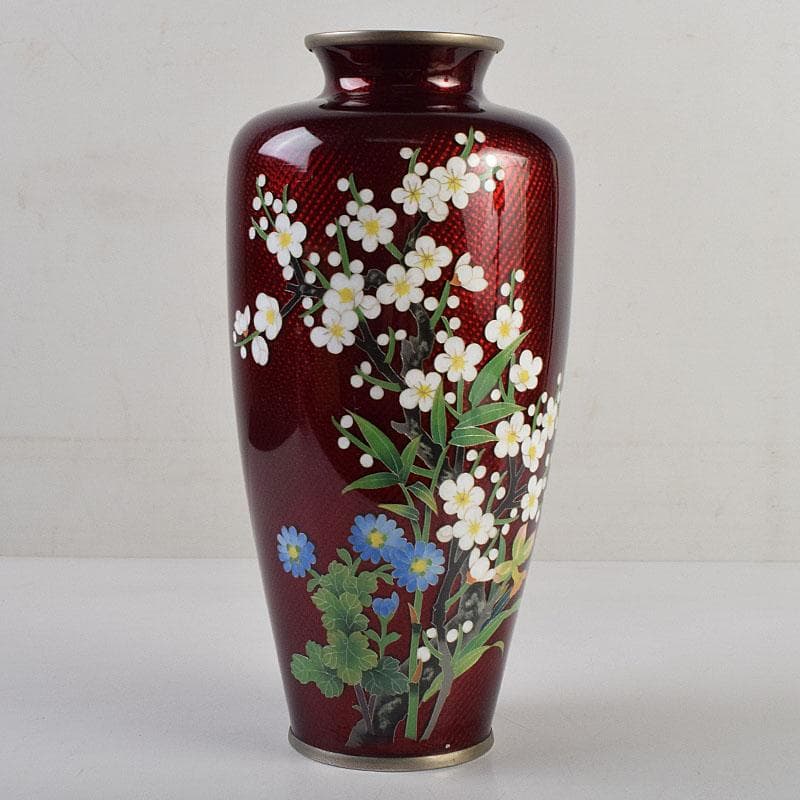 七宝焼 赤透釉 四君子文 花瓶 共箱 M R9450