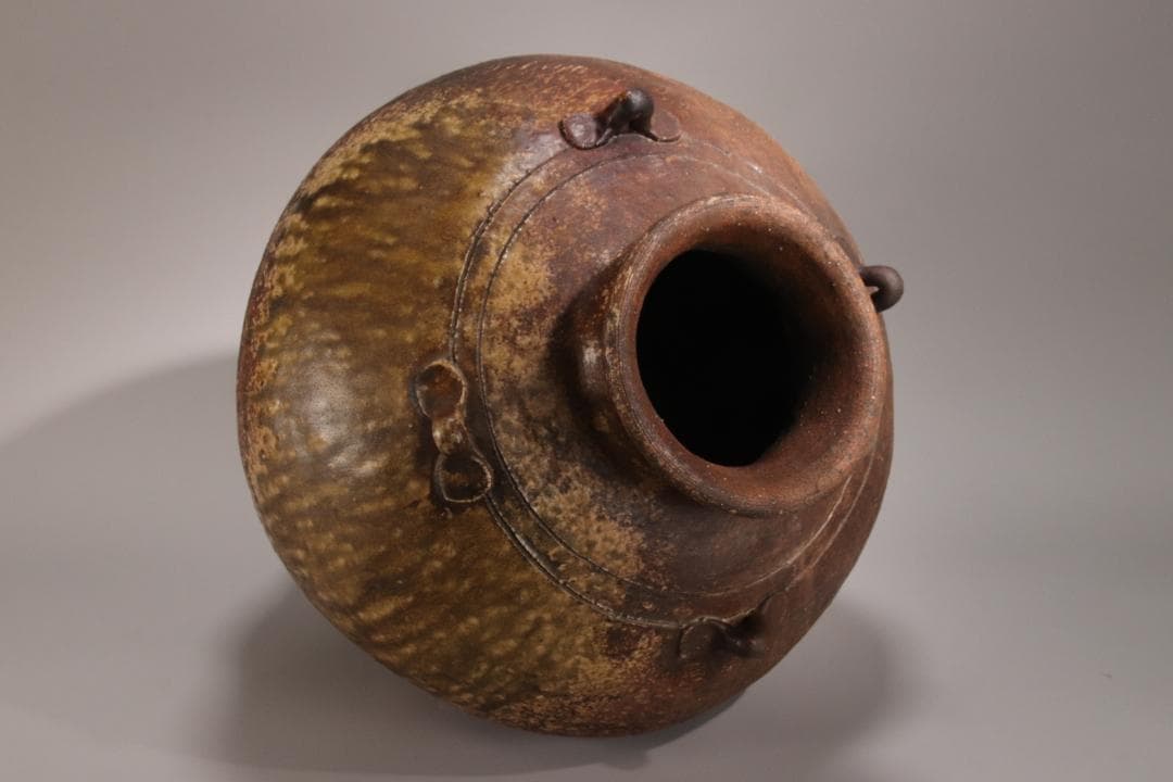 江戸初期　古越前　四耳壷　四耳子　壺　高さ38.5㎝　花器 花瓶　BE793