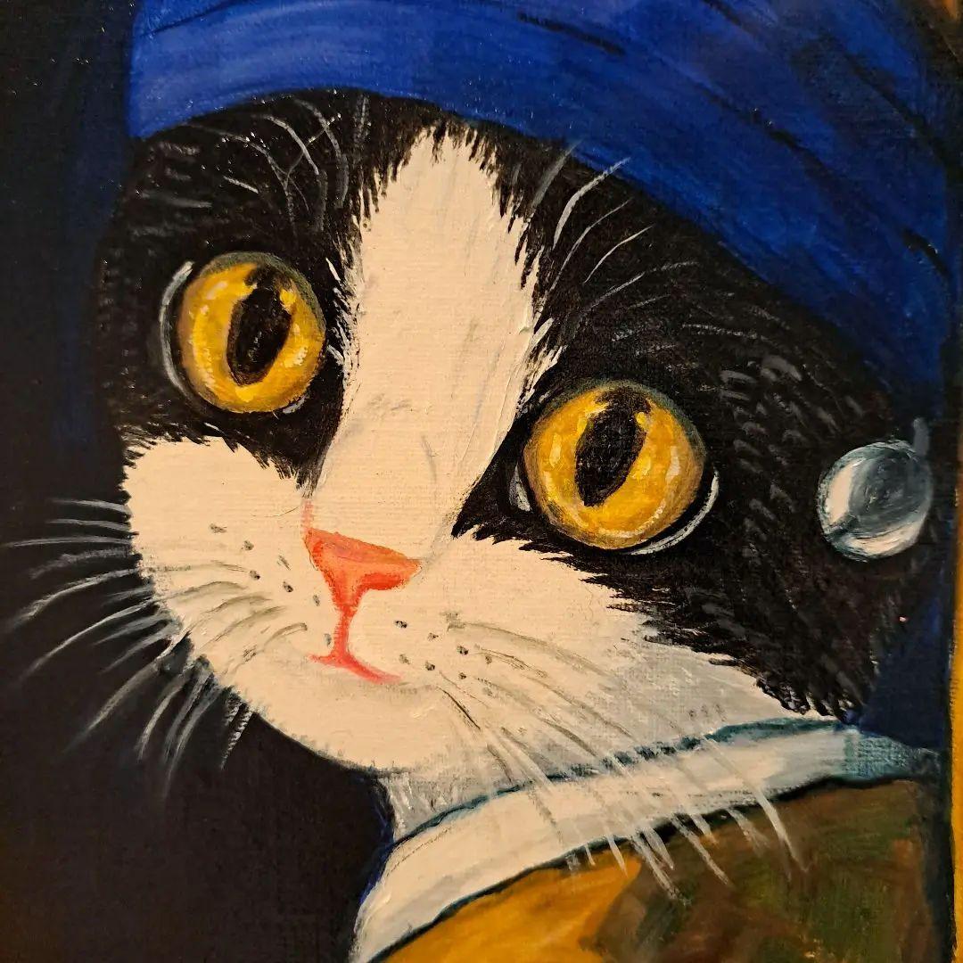 キャンバス油絵 AP様専用 真珠の耳飾りの青いターバンの猫 フェルメール