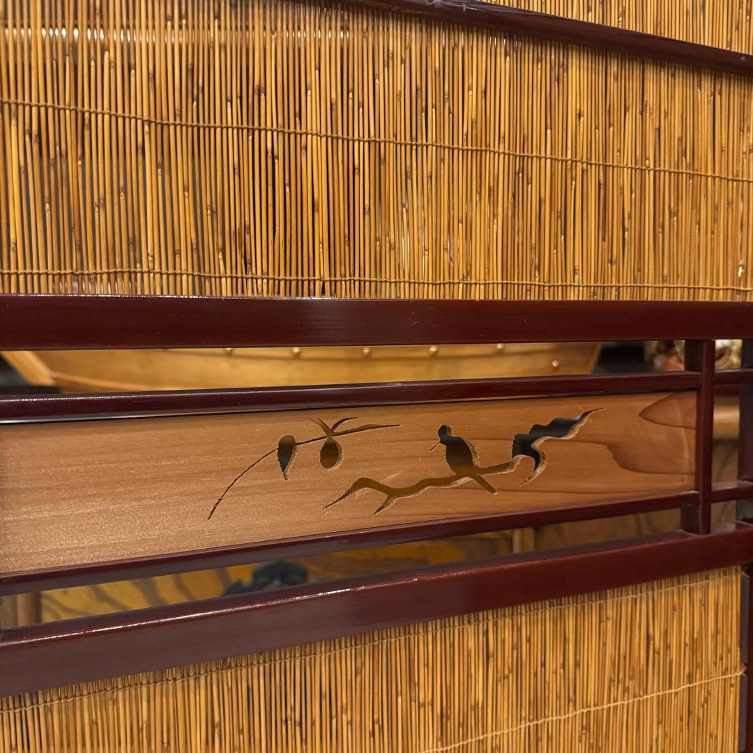 古い竹簾屏風 衝立 パーテーション 四連 透かし彫り 古道具