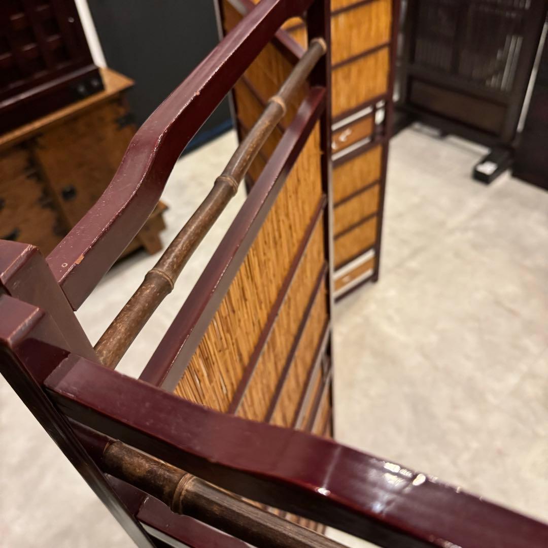 古い竹簾屏風 衝立 パーテーション 四連 透かし彫り 古道具