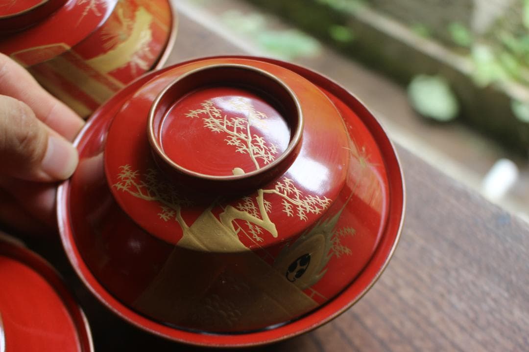 バラ売り可！時代金縁朱漆に極上風物蒔絵の映えるお椀6点（検