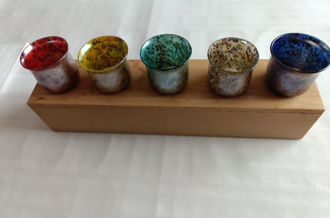 銀彩変ガラスぐい呑み5個セット江副行昭作品