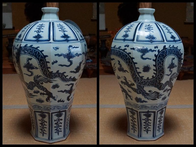 大明宣徳年製在銘 青花染付『龍文』大型壺 面取梅瓶 高56.5㎝迫力のある龍の壺