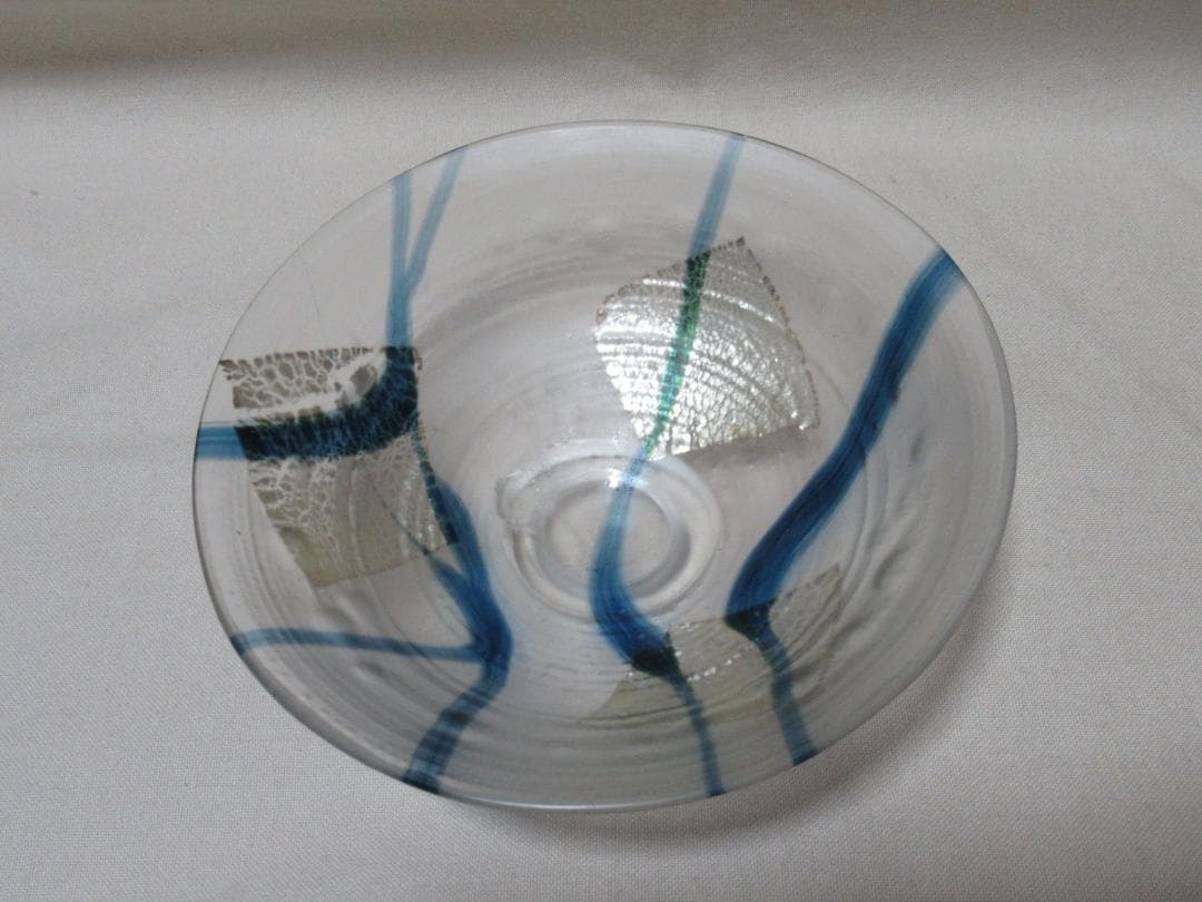 ガラス製 平茶碗 義山銀箔清流 水崎長寿 共箱