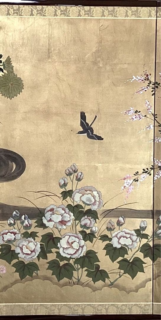 四つ折り屏風　日本画　金箔彩色　琳派 四季花