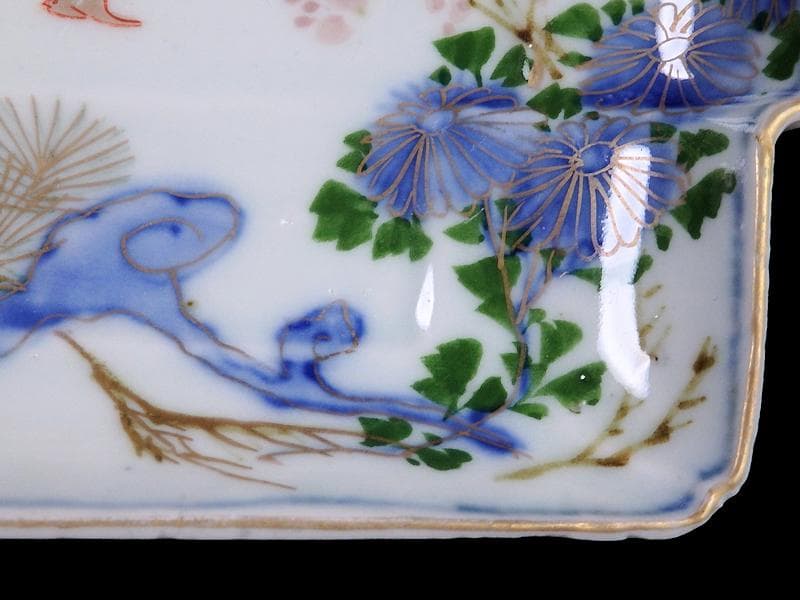 古伊万里 染錦 梅に菊 松に短冊の図 変形長皿 5