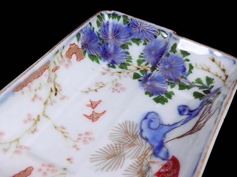 古伊万里 染錦 梅に菊 松に短冊の図 変形長皿 5