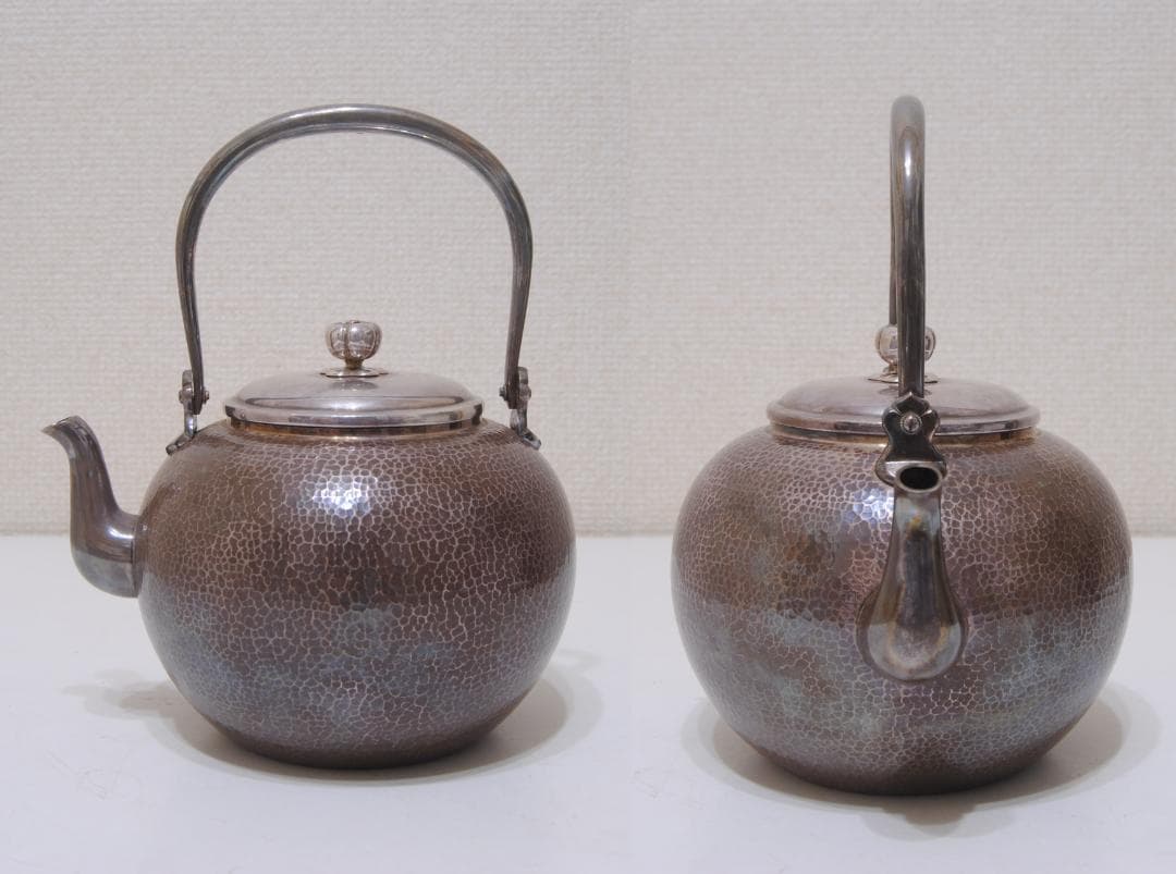 平安 秦造 ★★ 純銀 槌目 丸形 湯沸 急須 シルバー 茶道具