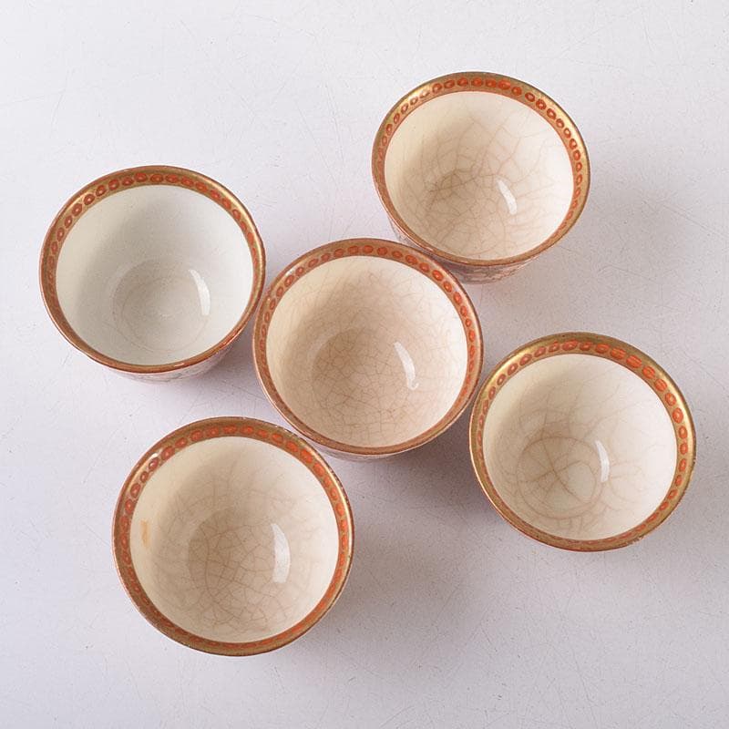 九谷焼 古九谷 赤絵金彩 花鳥文 煎茶碗 五客 D R8651