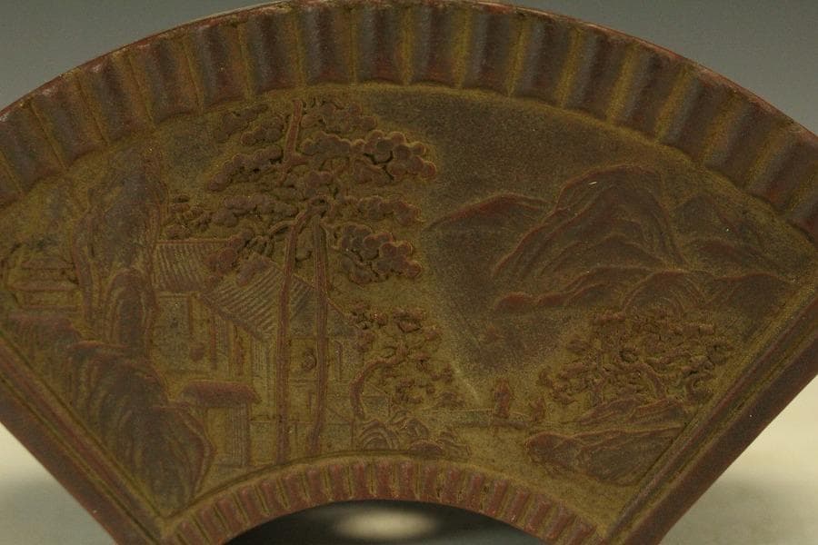中国美術 朱泥 扇形 花盆 鐡画軒 在印 植木鉢(HA514)